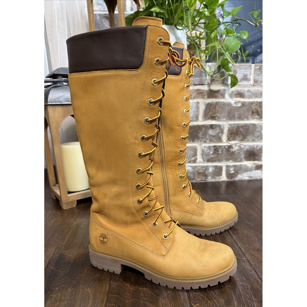 Timberland Women's Tall Lace Up Boots Wheat Tan Leather Size 8.5 - Picture 2 of 16